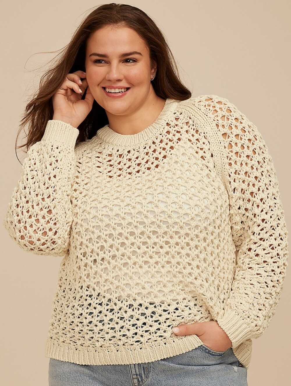 Maurices Cream Open-Knit Crewneck Sweater